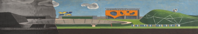 Ośrodek sportowy "Start" - "Warszawianka". Widok stadionu, basenu i&nbsp;wzgórza z&nbsp;rzeźbą.