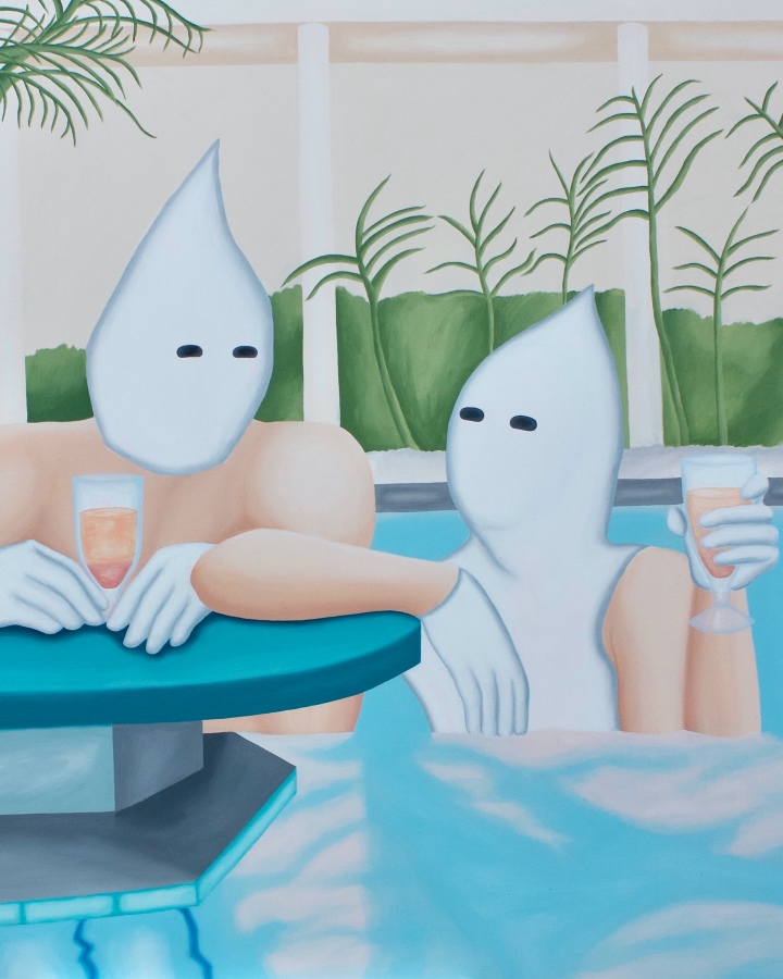 Niewinny flirt w&nbsp;Suntago / Biel niezauważenie rozleje się po różnych powierzchniach., akryl na&nbsp;płótnie, 110 x 130, 2025